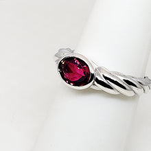Load image into Gallery viewer, A sterling silver tribute to the East West Stack Ring! Bezel Set Red Rubellite Tourmaline, Oval Cut, 1.10 carat, October’s Birthstone