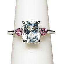 Load image into Gallery viewer, A sterling silver tribute to the Classic Three Stone Ring! Aquamarine, Cushion Cut, 2.73 carat, and Tourmaline. March Birthstone