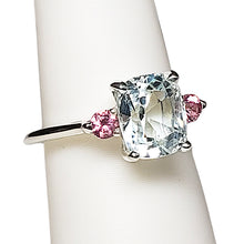 Load image into Gallery viewer, A sterling silver tribute to the Classic Three Stone Ring! Aquamarine, Cushion Cut, 2.73 carat, and Tourmaline. March Birthstone