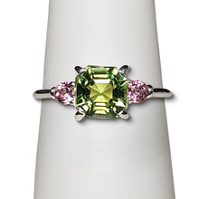 Load image into Gallery viewer, A sterling silver tribute to the Classic Three Stone Ring! Mint Green Tourmaline, Ascher Cut, 1.93 carat, and Pink Tourmaline, Brilliant Cut. October Birthstone