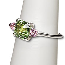 Load image into Gallery viewer, A sterling silver tribute to the Classic Three Stone Ring! Mint Green Tourmaline, Ascher Cut, 1.93 carat, and Pink Tourmaline, Brilliant Cut. October Birthstone