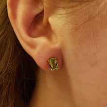 Load image into Gallery viewer, Peridot Stud Earrings, 14k Yellow Gold, Checkerboard Cut, Peridot is August’s Birthstone
