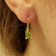 Load image into Gallery viewer, Peridot Drop Earrings, 14k Yellow Gold, Checkerboard Cut, Peridot is August’s Birthstone