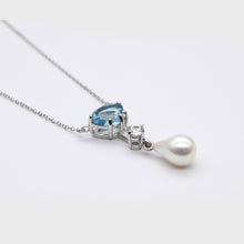 Load image into Gallery viewer, Aquamarine, White Zircon & Baroque Pearl Drop Necklace