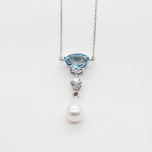 Load image into Gallery viewer, Aquamarine, White Zircon & Baroque Pearl Drop Necklace