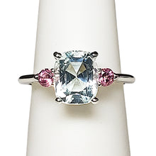 Load image into Gallery viewer, A sterling silver tribute to the Classic Three Stone Ring! Aquamarine, Cushion Cut, 2.73 carat, and Tourmaline. March Birthstone
