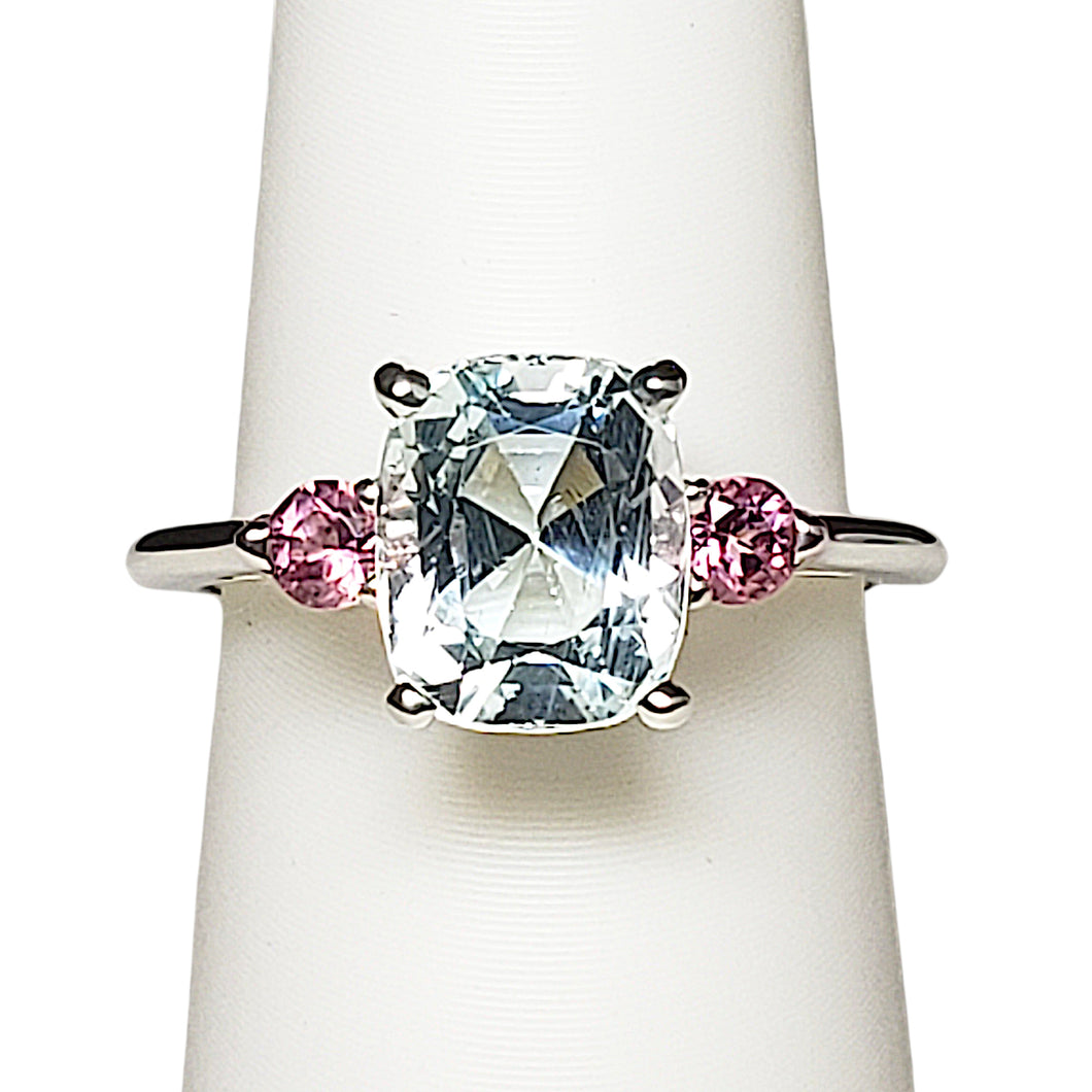 A sterling silver tribute to the Classic Three Stone Ring! Aquamarine, Cushion Cut, 2.73 carat, and Tourmaline. March Birthstone