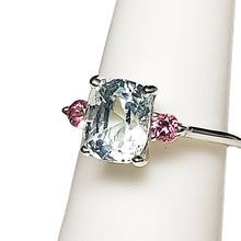 Load image into Gallery viewer, A sterling silver tribute to the Classic Three Stone Ring! Aquamarine, Cushion Cut, 2.73 carat, and Tourmaline. March Birthstone
