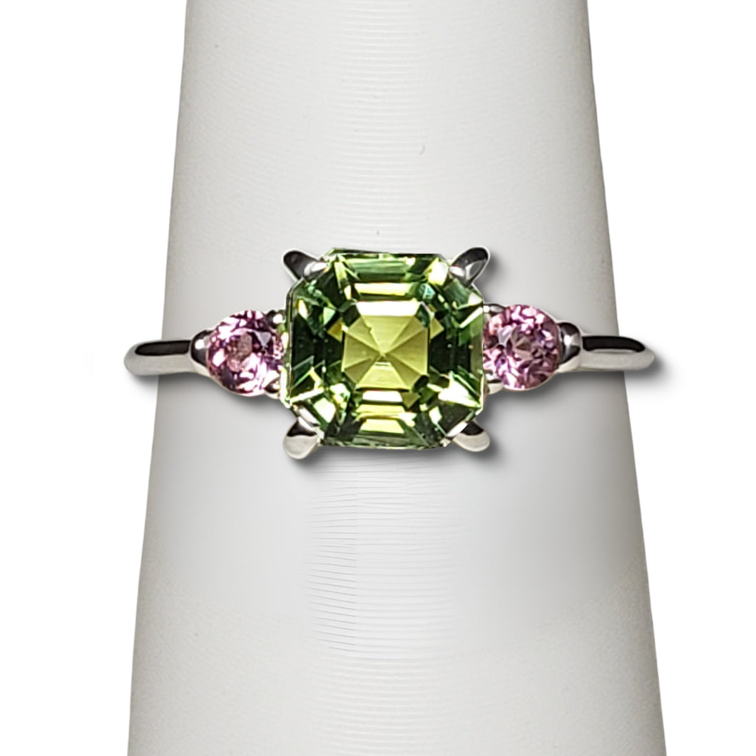 A sterling silver tribute to the Classic Three Stone Ring! Mint Green Tourmaline, Ascher Cut, 1.93 carat, and Pink Tourmaline, Brilliant Cut. October Birthstone