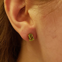 Load image into Gallery viewer, Peridot Stud Earrings, 14k Yellow Gold, Checkerboard Cut, Peridot is August’s Birthstone
